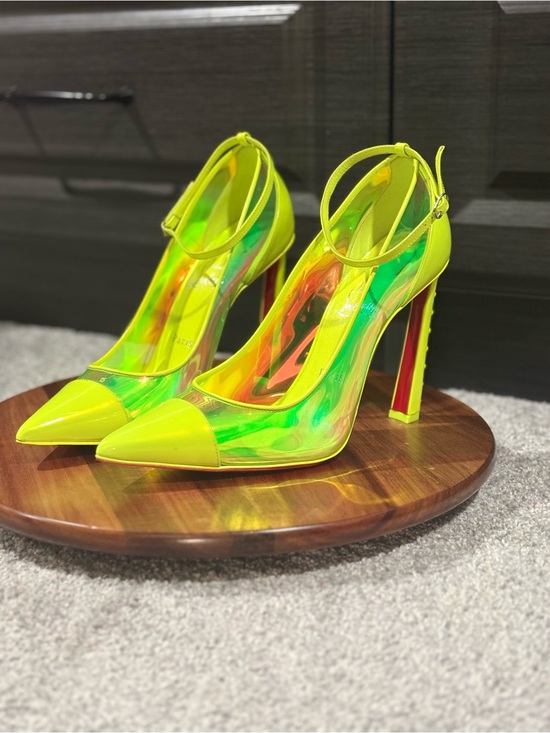 Christian Louboutin Shoes - Christian Louboutin Neon Yellow Iridescent Pointed-Toe Ankle-Strap Heels